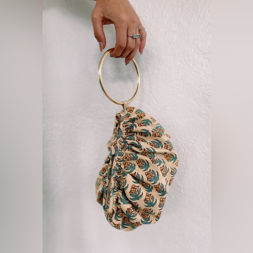 Elegant Tan and Blue Clutch with Gold Ring Handle